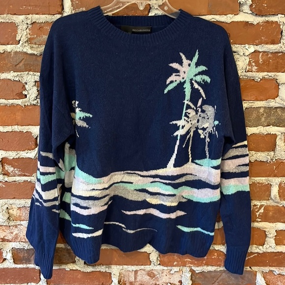 360 Cashmere Navy Blue Palm Tree Sweater - Picture 1 of 5